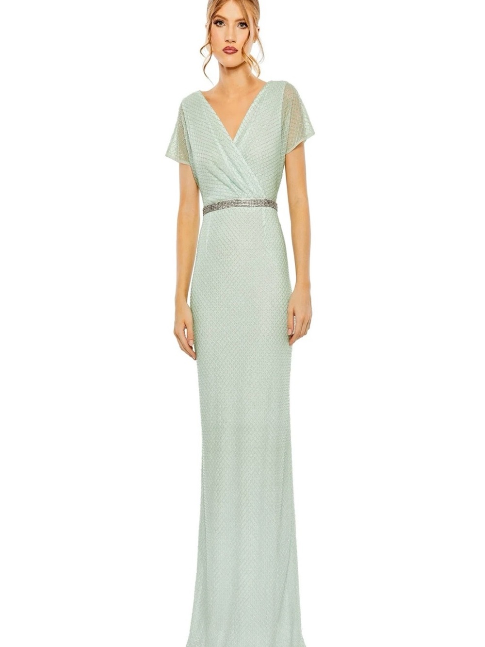 Mac Duggal Mint Green V-Neck Maxi Gown with Glitter Waist